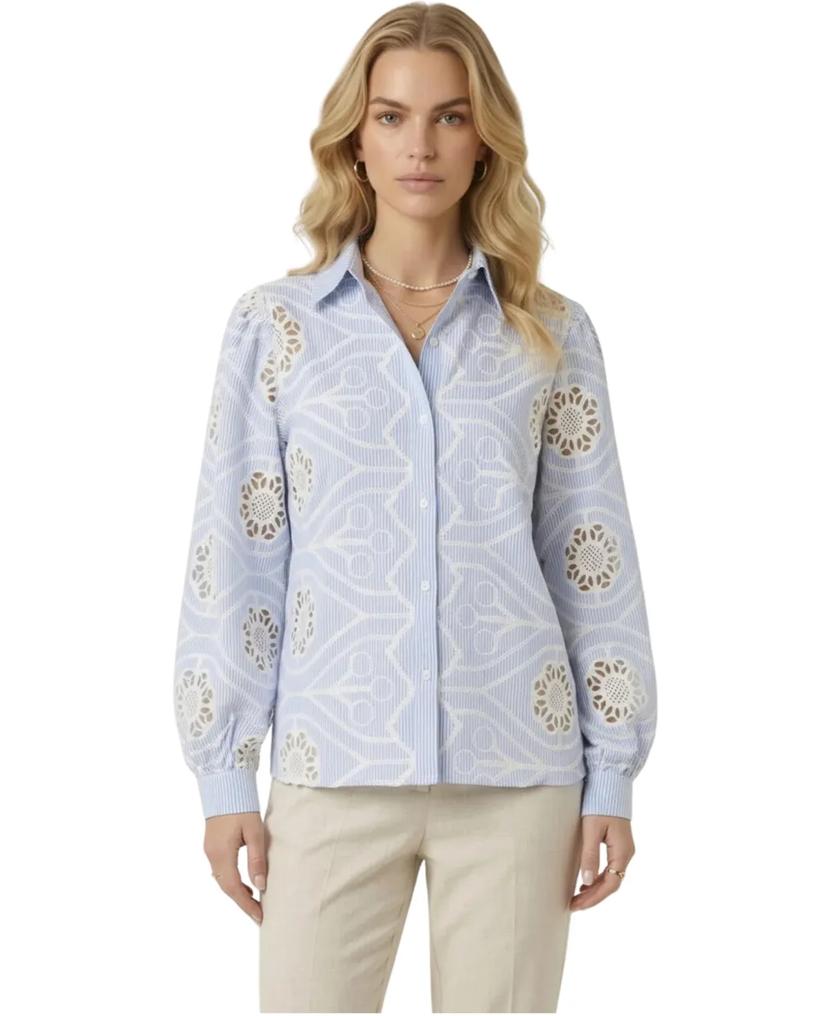 Striped Eyelet Collared Button-Down Shirt by Modenaire