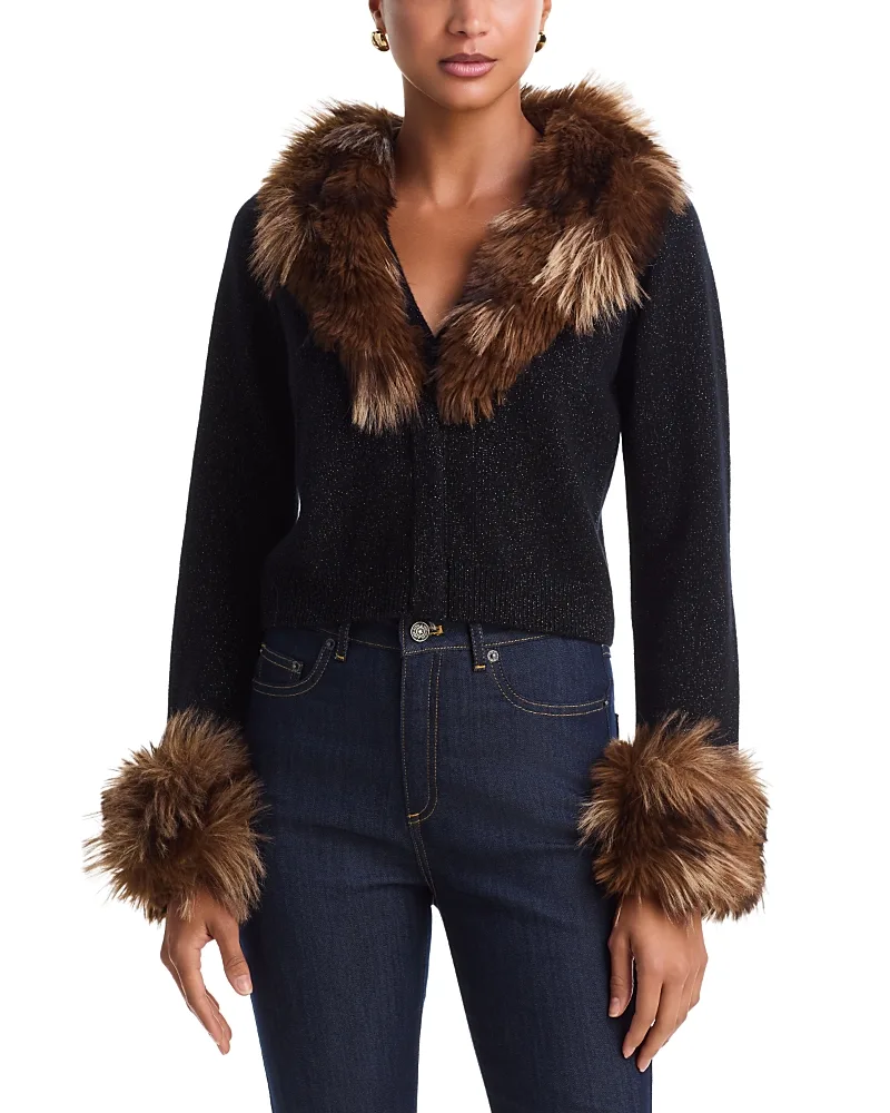 Della Faux Fur Trim Wool V Neck Cardigan