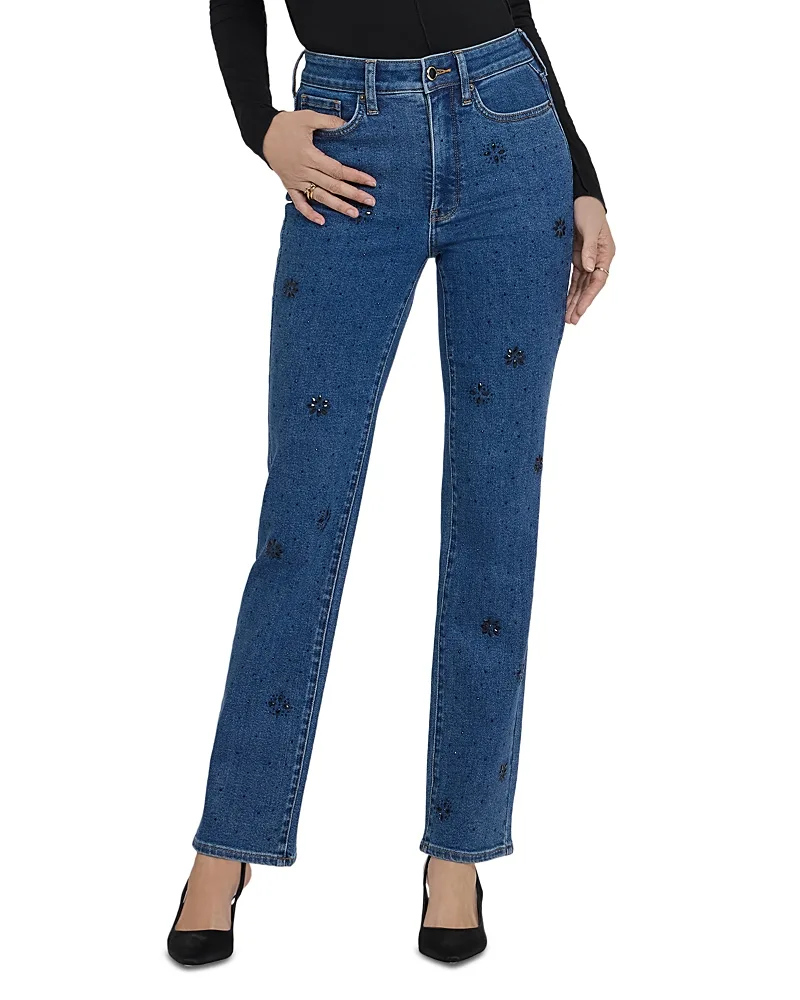 Marilyn High Rise Floral Stone Detail Straight Jeans by NYDJ