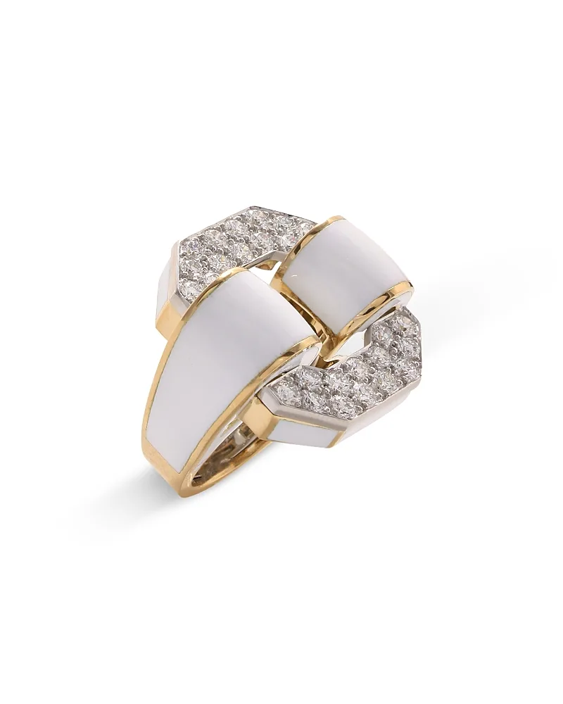Platinum & 18K Yellow Gold Octagon White Enamel Buckle Ring, 1.79 Tcw