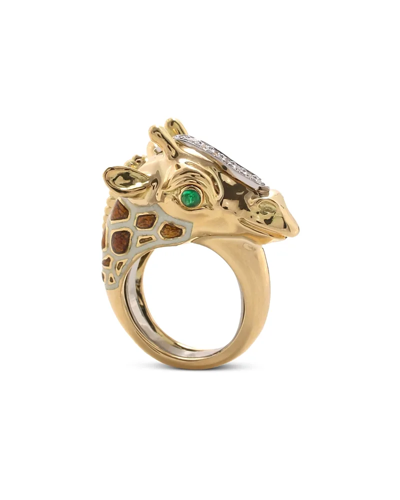 Platinum & 18K Yellow Gold Emerald, Diamond, and Brown & White Enamel Giraffe Ring by David Webb