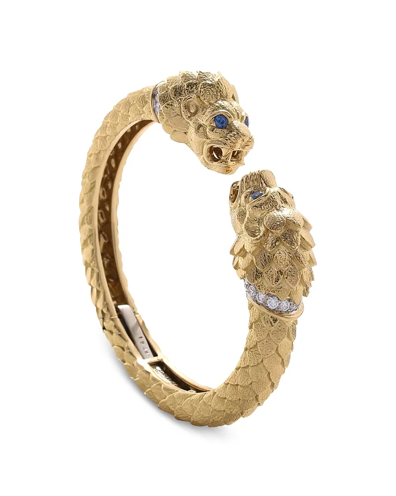 Platinum & 18K Yellow Gold Blue Sapphire & Diamond Greek Lion Cuff Bracelet by David Webb