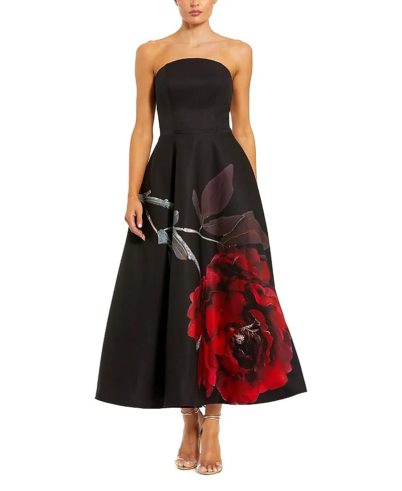 Mac Duggal Strapless Crepe Floral Print A-Line Midi Dress with Pockets by M.A.C.