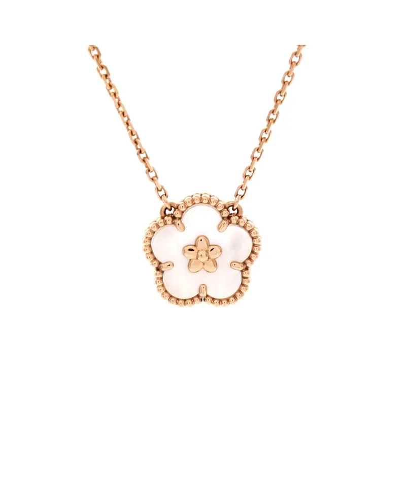Pre-Owned Van Cleef & Arpels Lucky Spring Plum Blossom Pendant Necklace 18K Rose Gold and Mother of Pearl, 16.25 by Pre-owned Van Cleef & Arpels