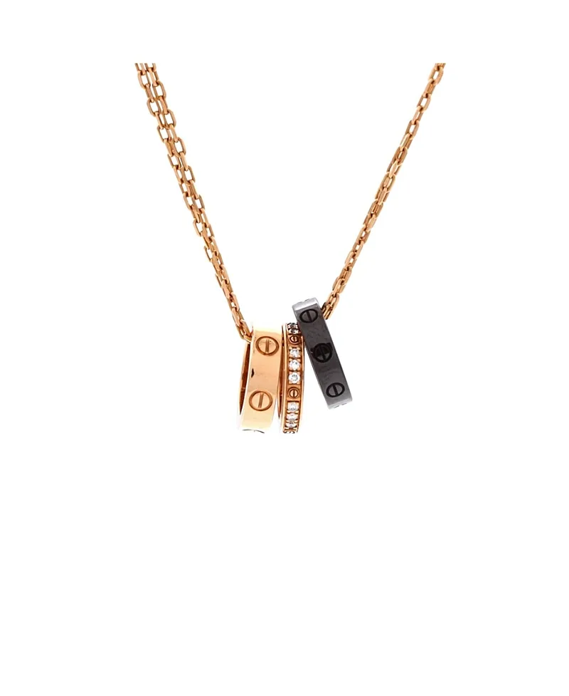 Pre-Owned Cartier Love 3 Ring Pendant Necklace 18K Rose Gold and Ceramic with Diamonds, 16.25" by Cartier's