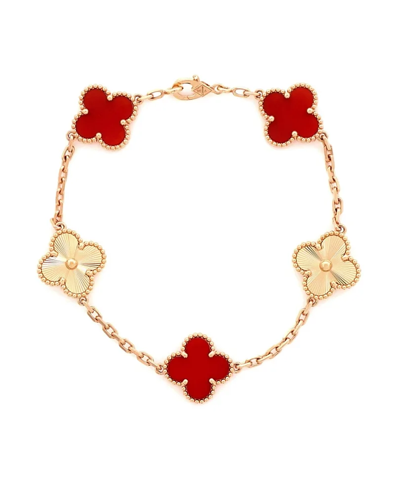 Pre-Owned Van Cleef & Arpels Vintage Alhambra 5 Motifs Bracelet Guilloche 18K Rose Gold and Carnelian by Pre-owned Van Cleef & Arpels