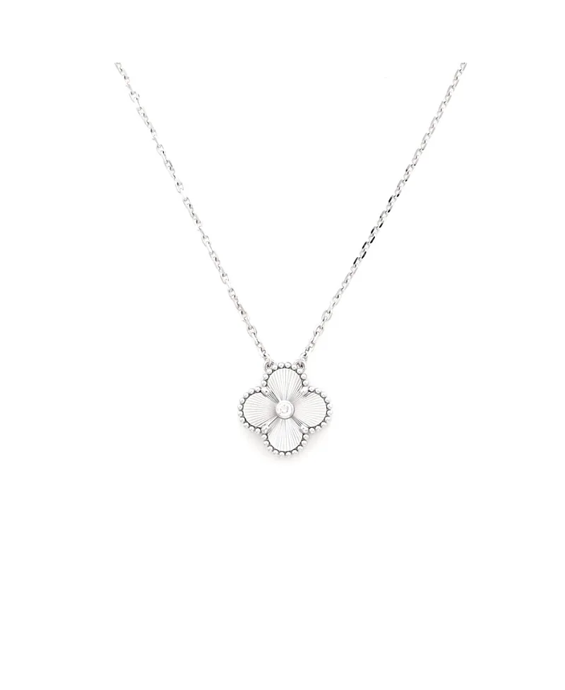 Pre-Owned Van Cleef & Arpels Vintage Alhambra Pendant Necklace Guilloche 18K White Gold with Diamond, 16.25" by Pre-owned Van Cleef & Arpels