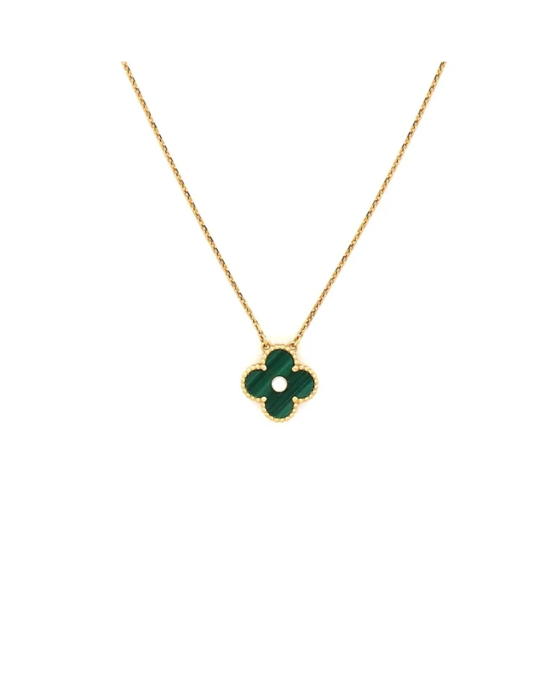 Pre-Owned Van Cleef & Arpels Vintage Alhambra Pendant Necklace 18K Gold and Malachite with Diamond, 16.25" by Pre-owned Van Cleef & Arpels