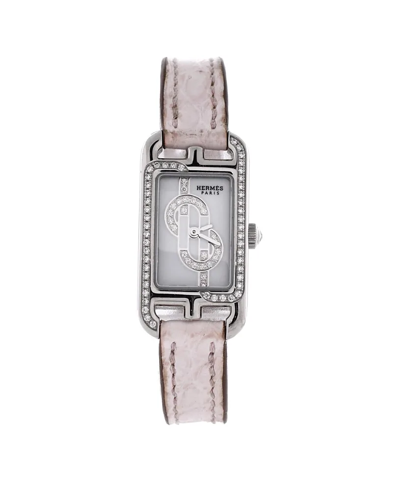 Pre-Owned Hermes Nantucket Quartz Watch in Stainless Steel and Alligator with Diamond Dial and Bezel 17mm by Hermes