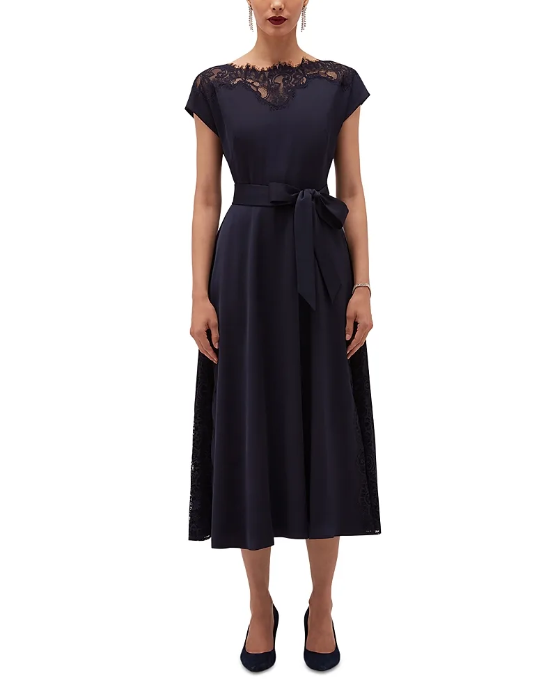 Amelie Lace Trim Satin Midi Dress by Hobbs London