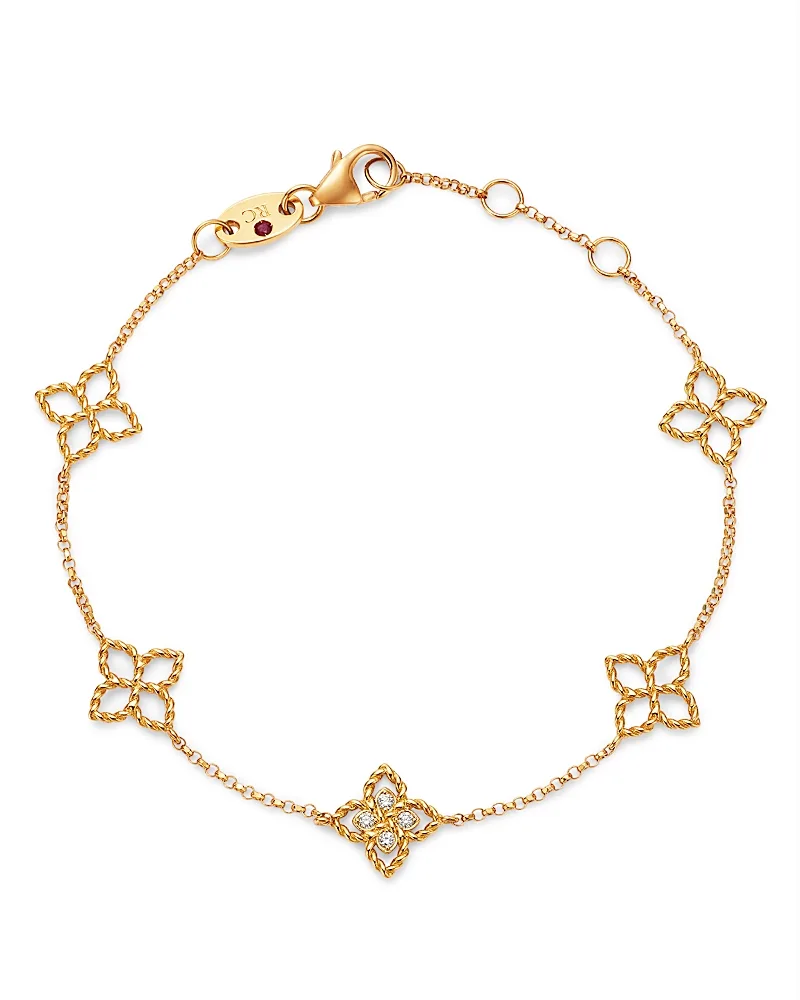 18K Yellow Gold Princess Diamond Five Flower Station Bracelet, 0.03 Tcw
