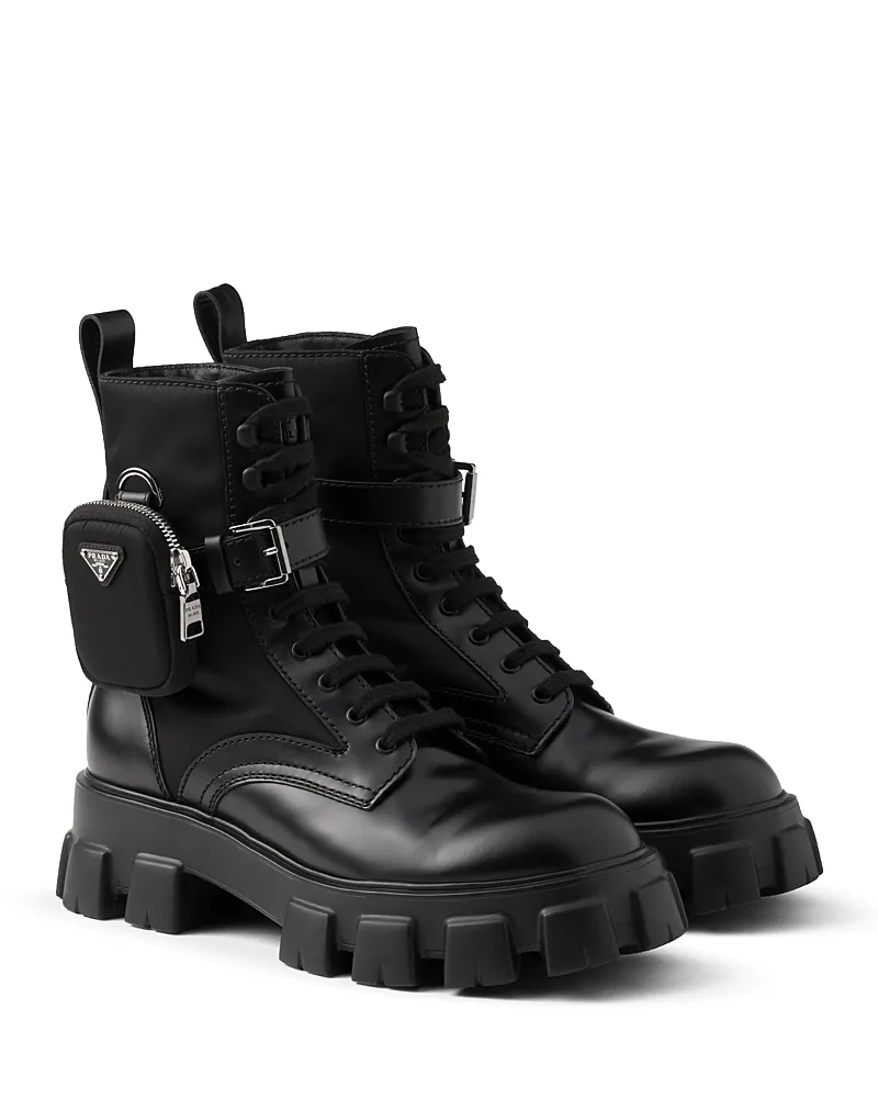 Monolith Brushed Leather and Re-Nylon Boots with Pouch by Prada