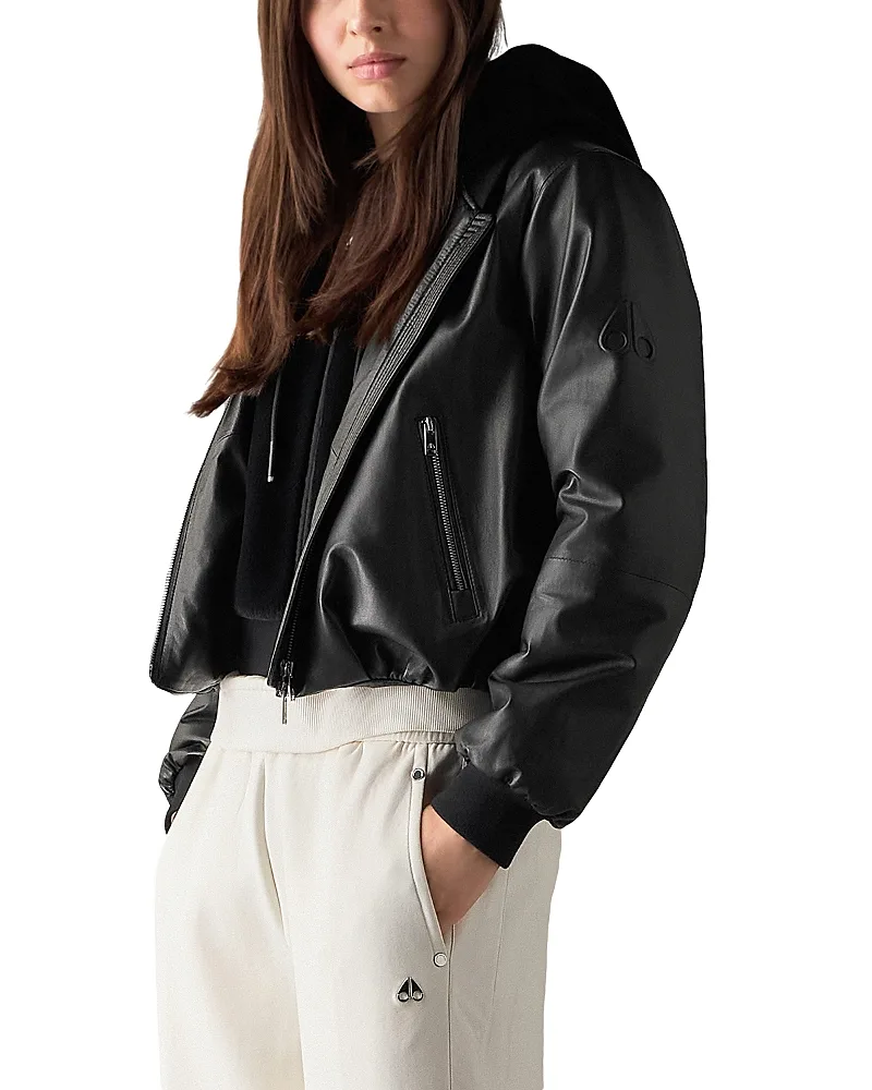 Cardin Hooded Leather Bomber Jacket by Moose Knuckles