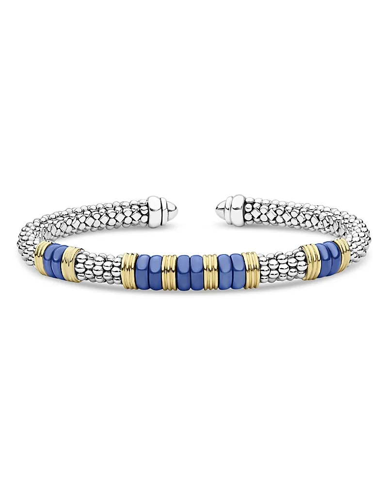 Sterling Silver & 18K Yellow Gold Blue Caviar Five Station Cuff Bracelet by Lagos