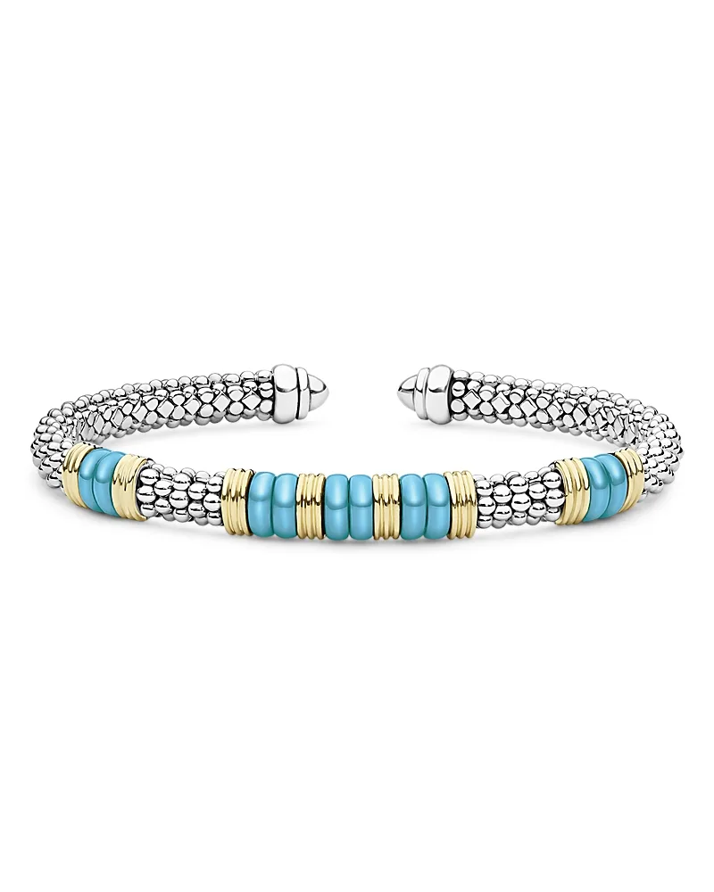 Sterling Silver & 18K Yellow Gold Blue Caviar Five Station Cuff Bracelet