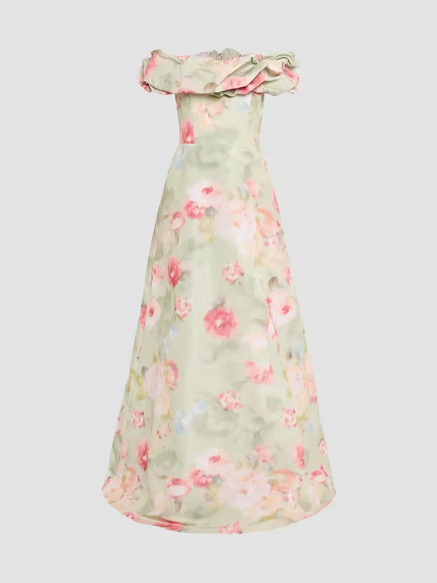 Teri Jon by Rickie Freeman Floral Off-the-Shoulder Taffeta A-Line Gown by Teri Jon
