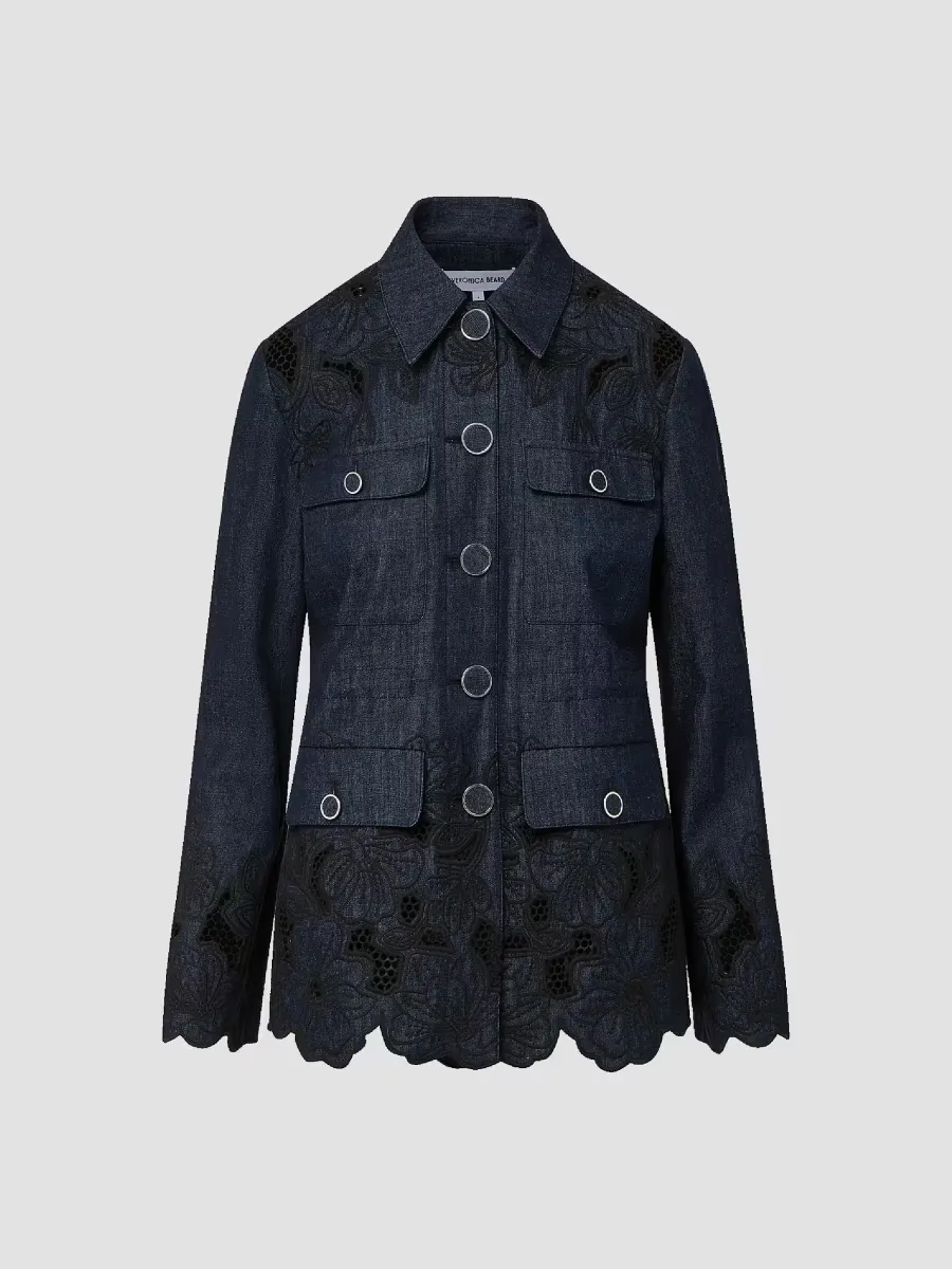 Kiki Scalloped Lace-Trim Cotton Jacket by Veronica Beard