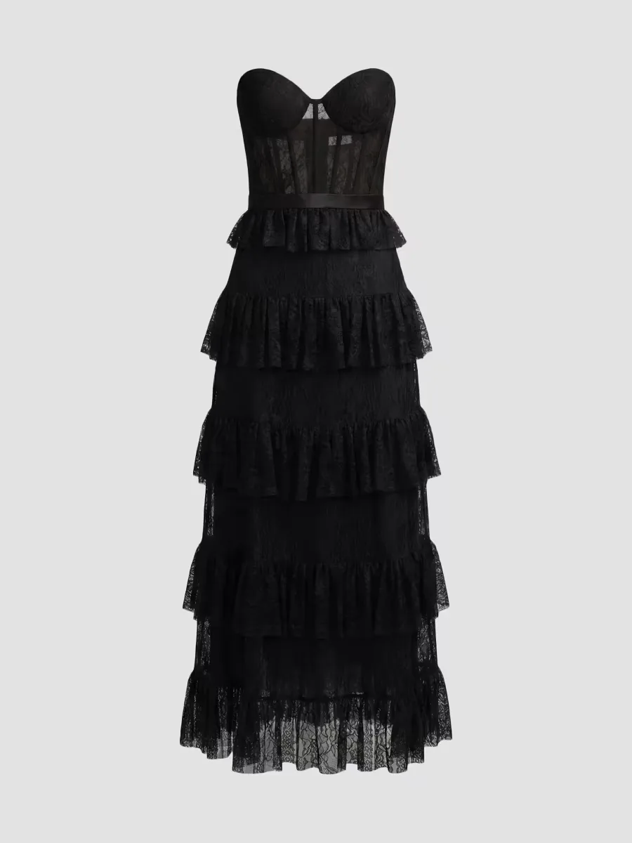 Mac Duggal Ruffled Bustier Lace Strapless Midi Dress by M.A.C.