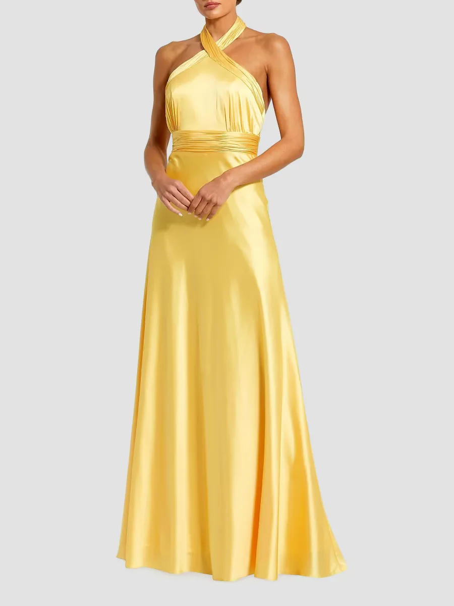 Mac Duggal Halter Neck Tie-Back Ruched Satin Gown by M.A.C.