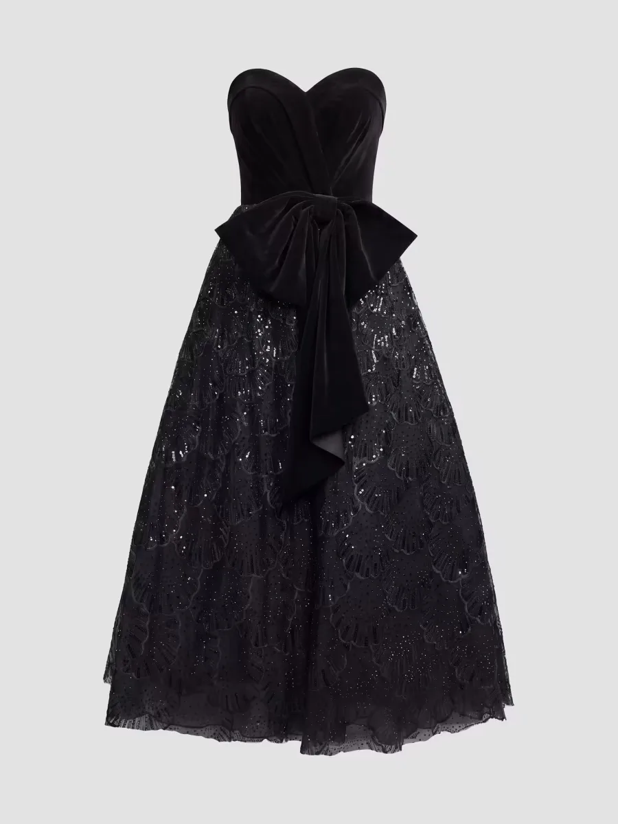 Mac Duggal Sequined Strapless Velvet-Bow Midi Dress