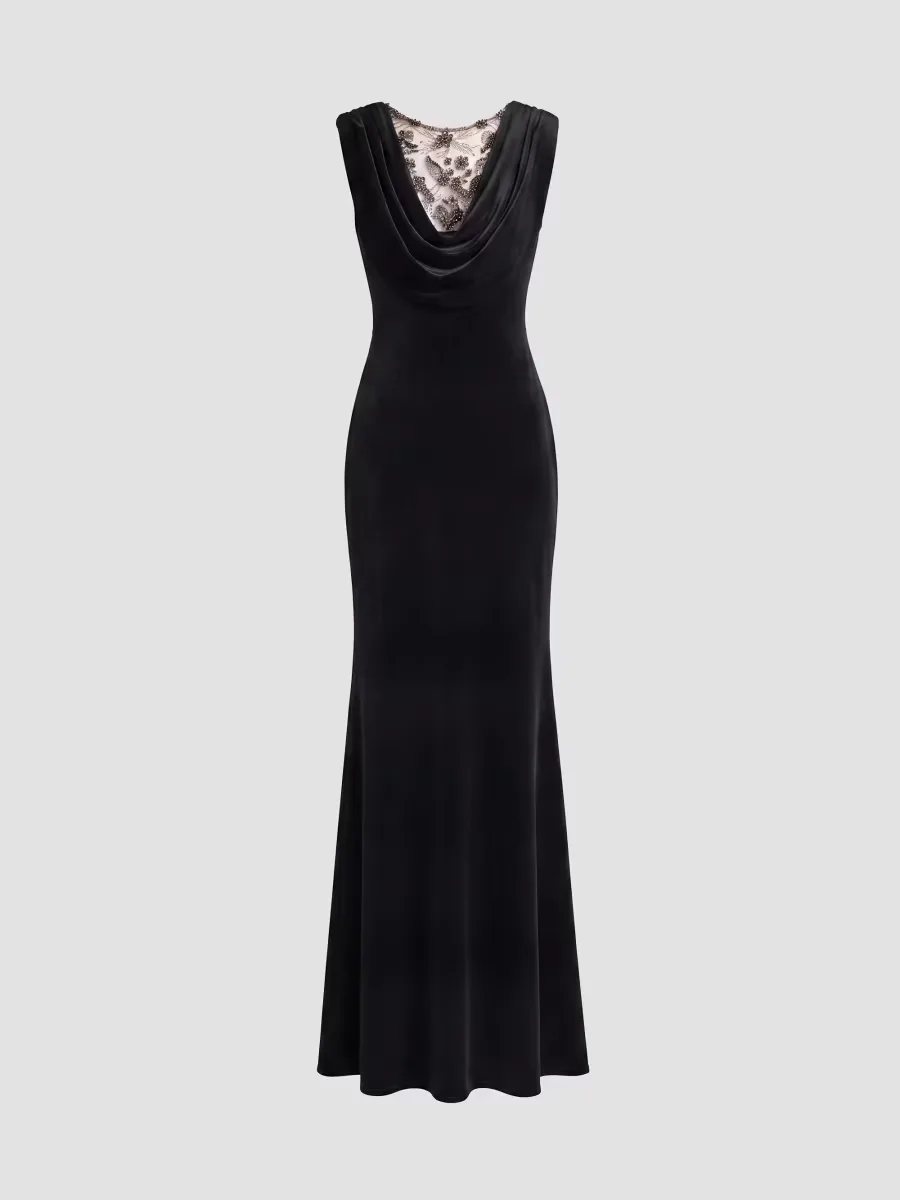 Mac Duggal Beaded Velvet Cowl Gown by M.A.C.