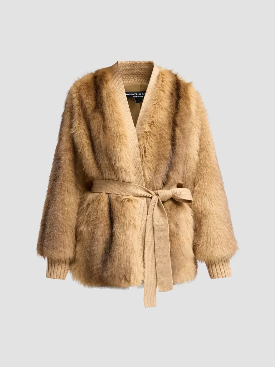 Heloise Faux Fur Belted Wrap Coat by Generation Love