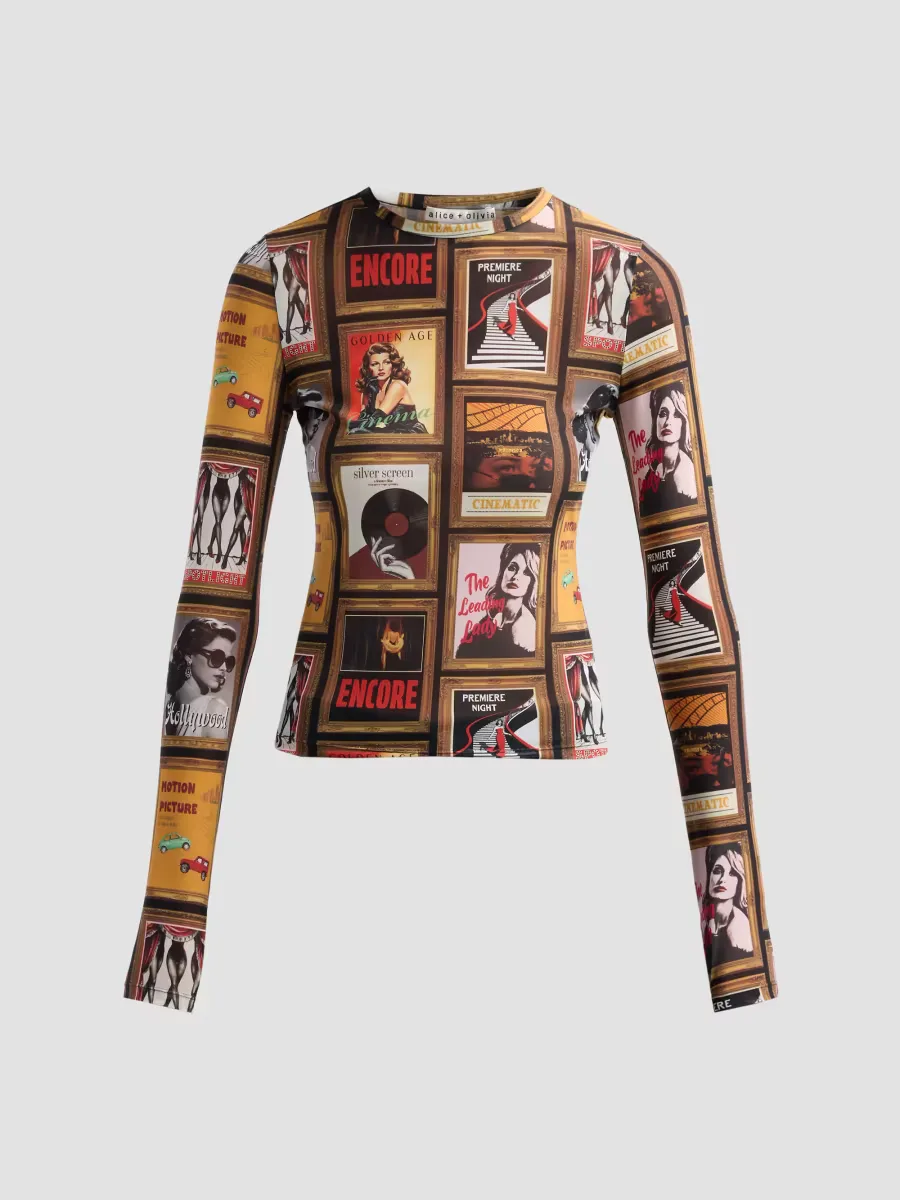 Delaina Printed Long-Sleeve Crewneck Top by Alice + Olivia