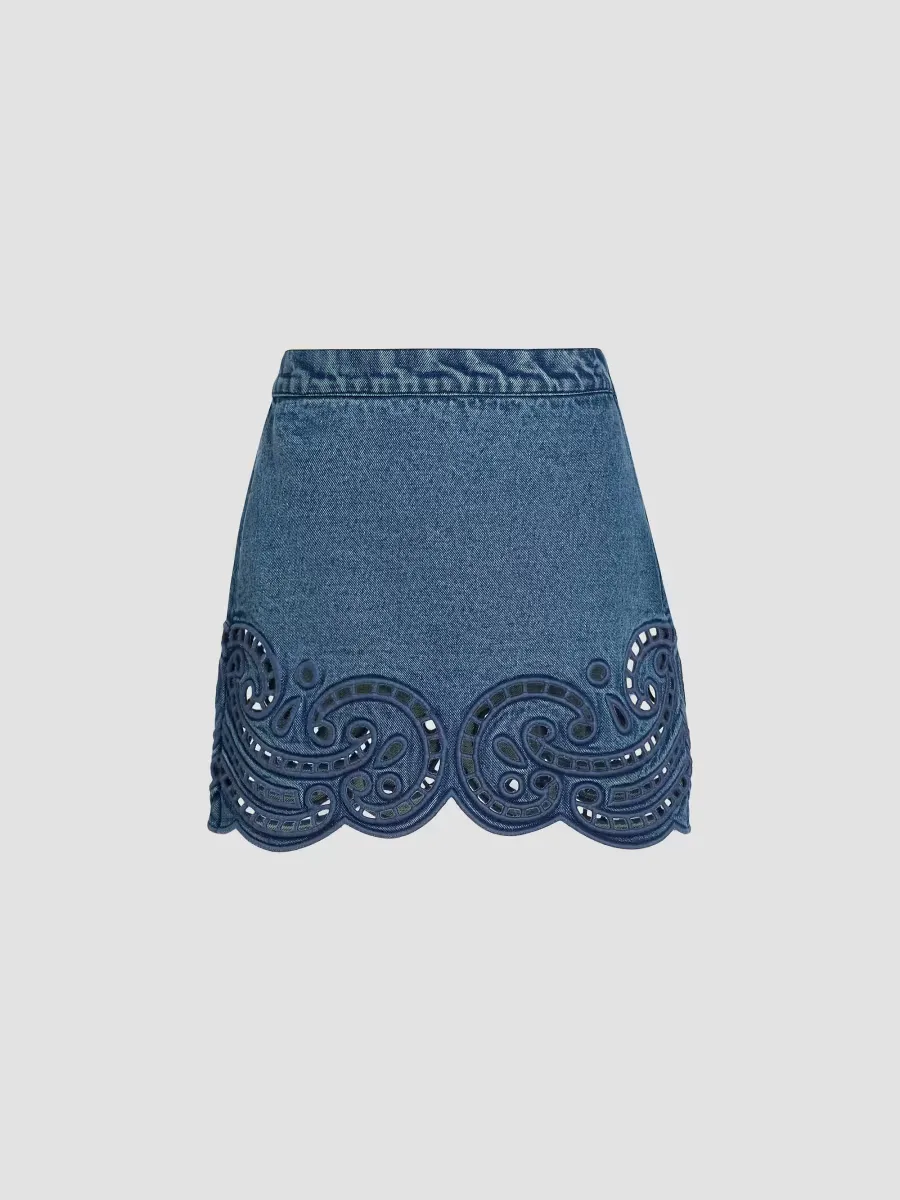 The Cadiz Eyelet Cotton Denim A-Line Miniskirt by Ulla Johnson