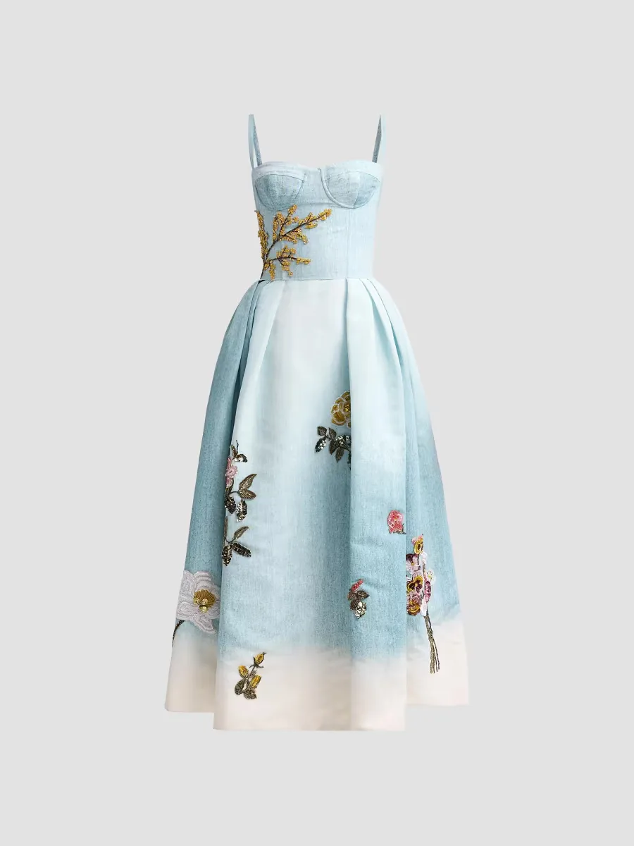 Bustier Painted Beaded Floral Cocktail Dress