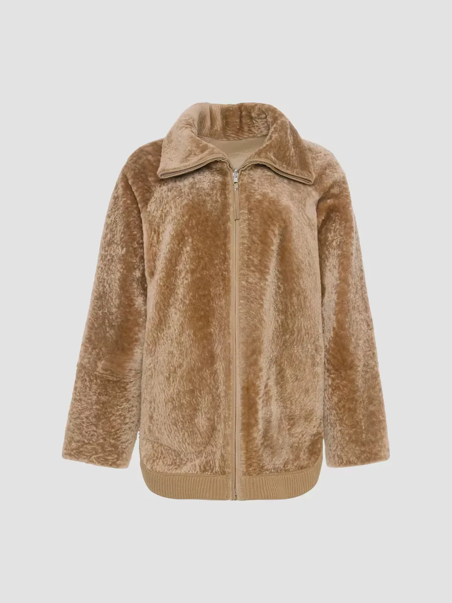 Textured Shearling Lamb Zip Coat
