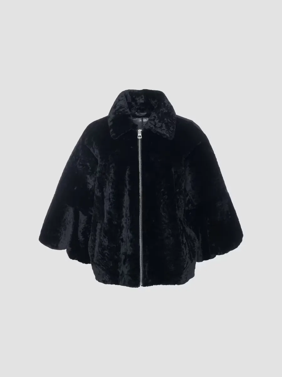 Textured Shearling Lamb Zip Coat with Cropped Sleeves by Gorski