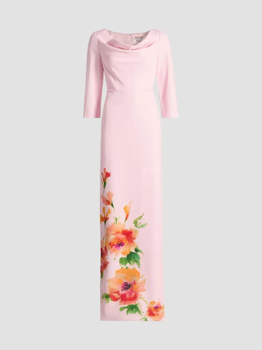 Magnolia Floral Cowlneck Column Gown by Kay Unger
