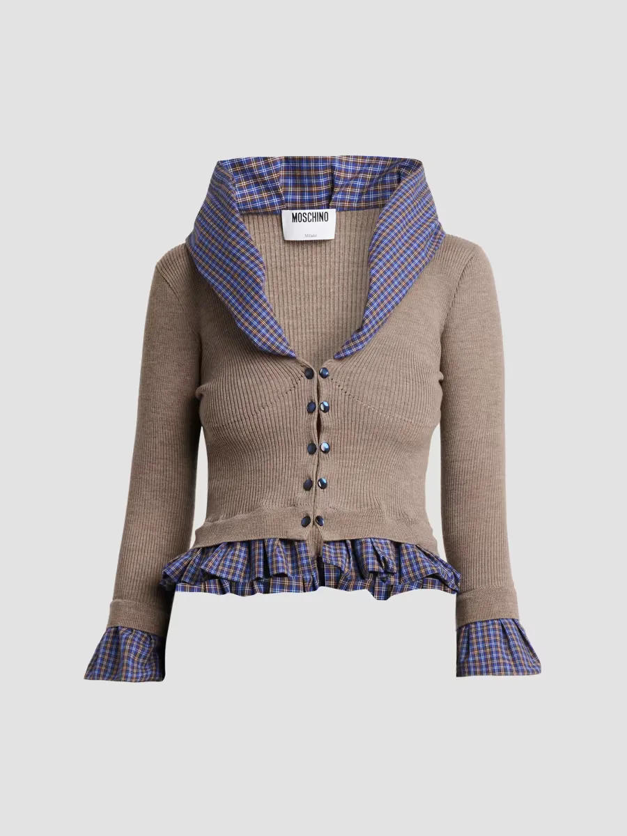 Contrast-Trim Rib-Knit Wool Cardigan by Moschino