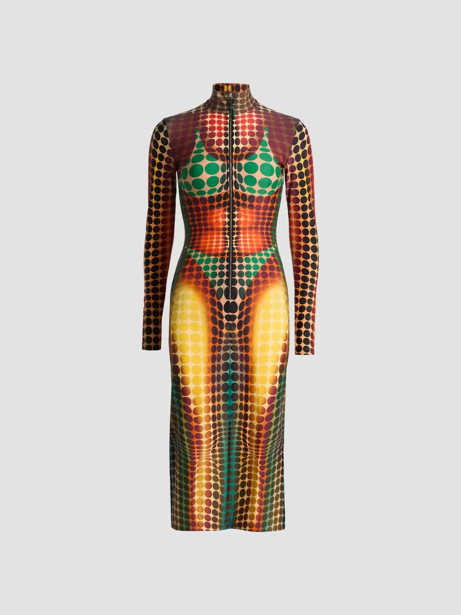 Dot-Print Long-Sleeve Knit Midi-Dress by Jean Paul Gaultier