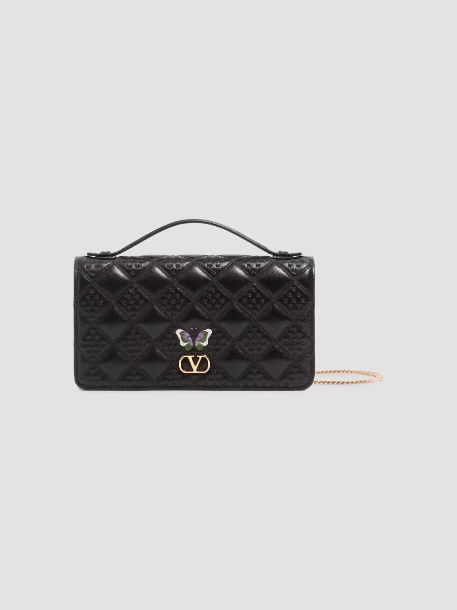 Flutterby Chain Wallet in Shiny Nappa Leather with Butterfly Embroidery by Valentino