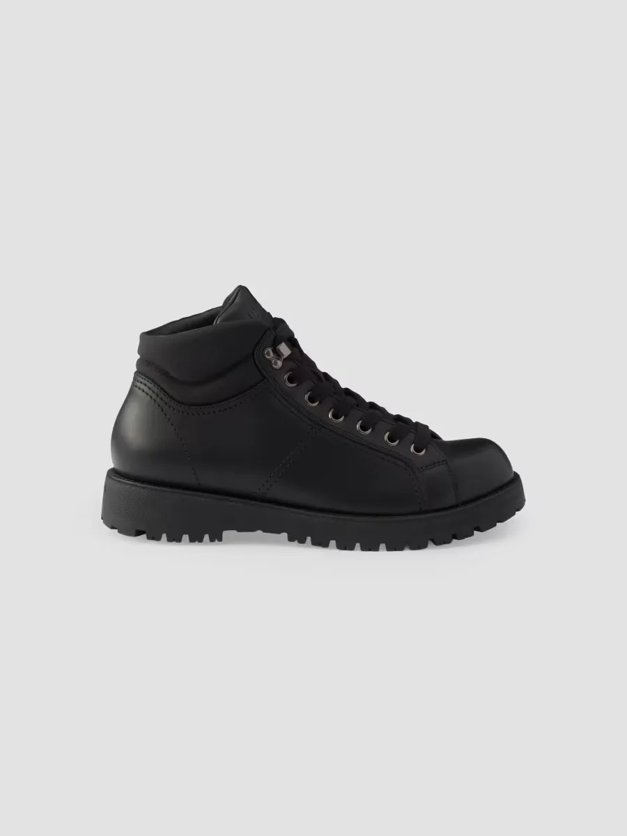 Lace-Up Leather and Re-Nylon Booties by Prada