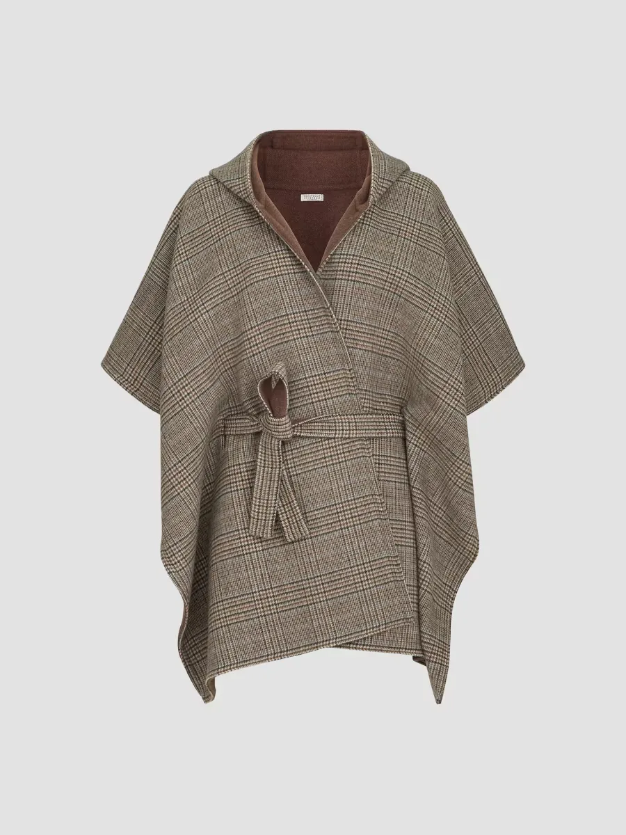 Hand-Crafted Reversible Hooded Poncho in Cashmere Prince of Wales Double Cloth by Brunello Cucinelli