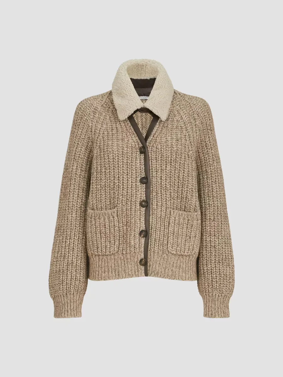 Sparkling Cashmere, Mohair and Wool Ribbed Cardigan with Detachable Shearling Insert by Brunello Cucinelli