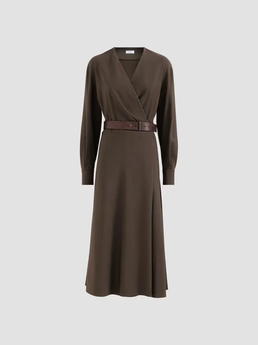 Comfort Virgin Wool and Viscose Twill Dress with Belt and Monili