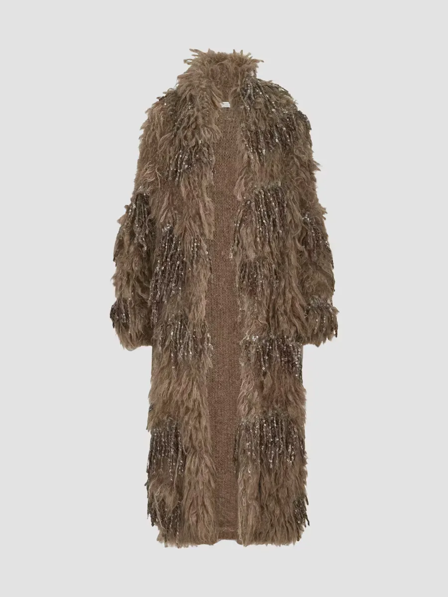 Dazzling Moss Embroidery Long Cardigan in Mohair and Wool by Brunello Cucinelli