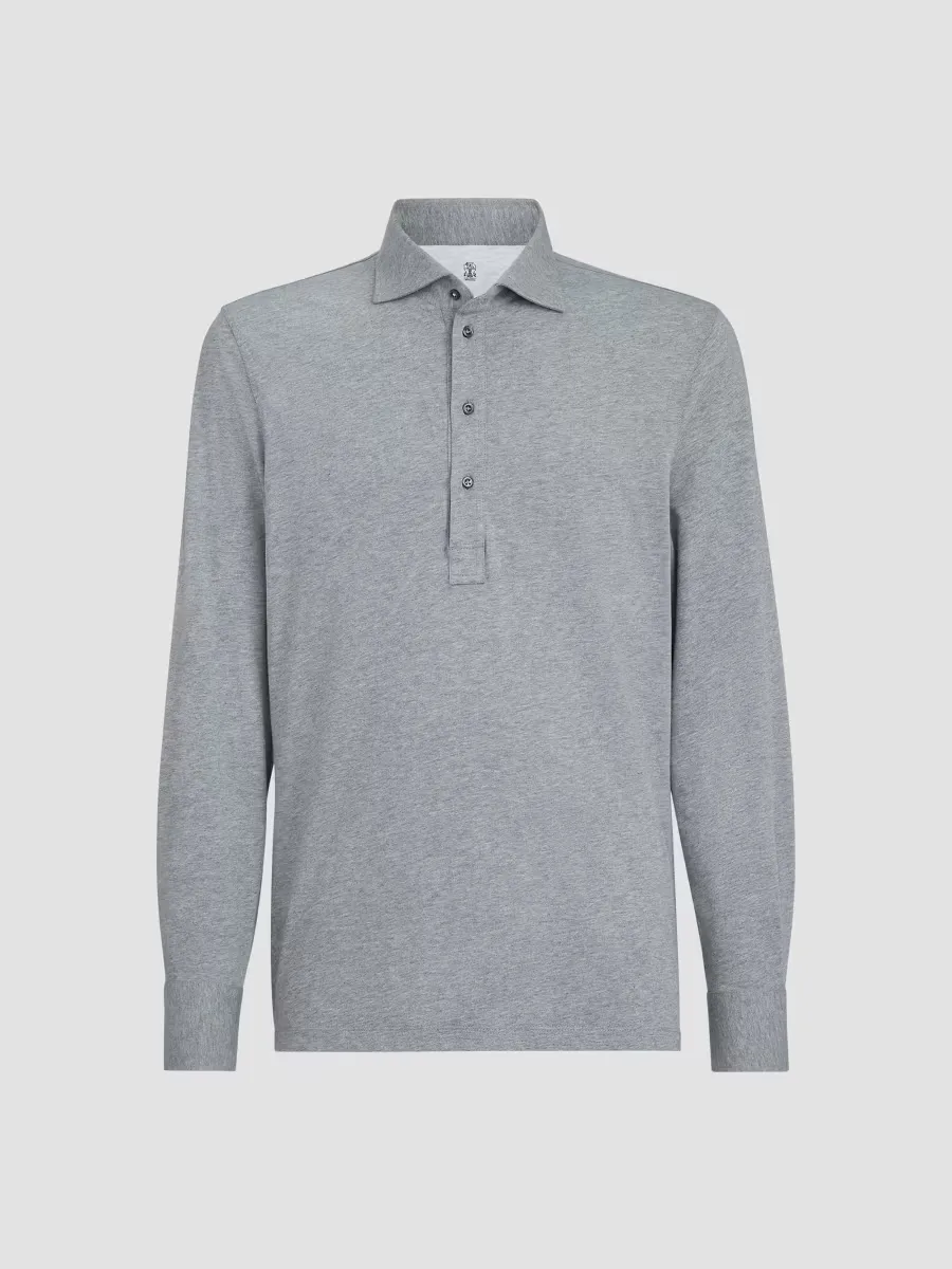 Cotton Jersey Long Sleeve Polo Shirt by Brunello Cucinelli