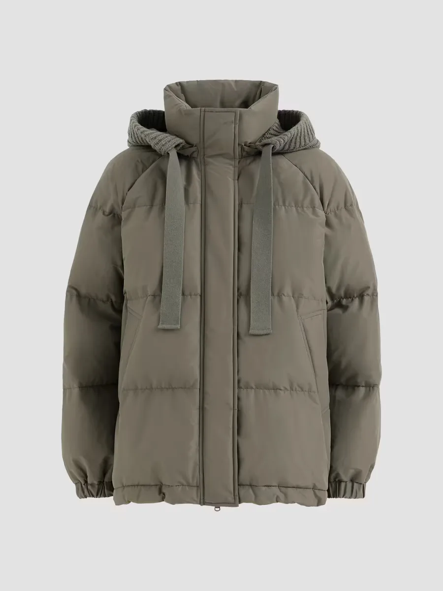 Techno Cotton Taffeta Down Jacket with Detachable Cashmere Knit Hood by Brunello Cucinelli