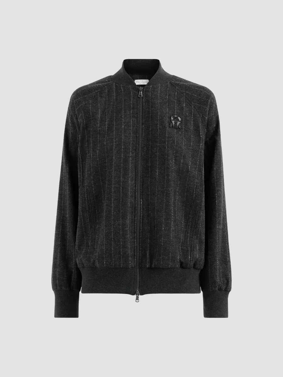 Comfort Virgin Wool Dazzling Chalk Stripe Sweatshirt with Logo by Brunello Cucinelli