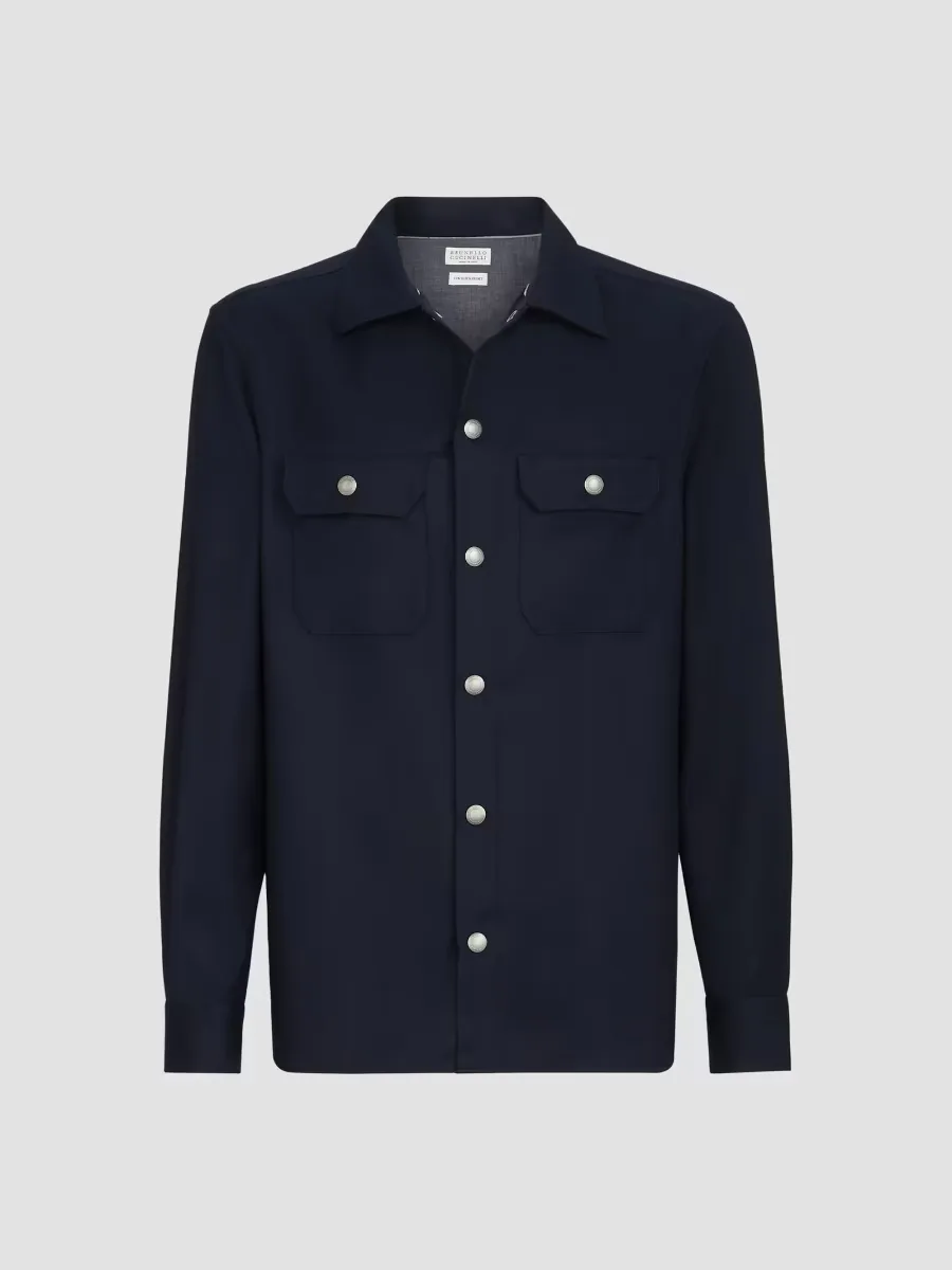 Virgin Wool Flannel Overshirt with Spread Collar by Brunello Cucinelli