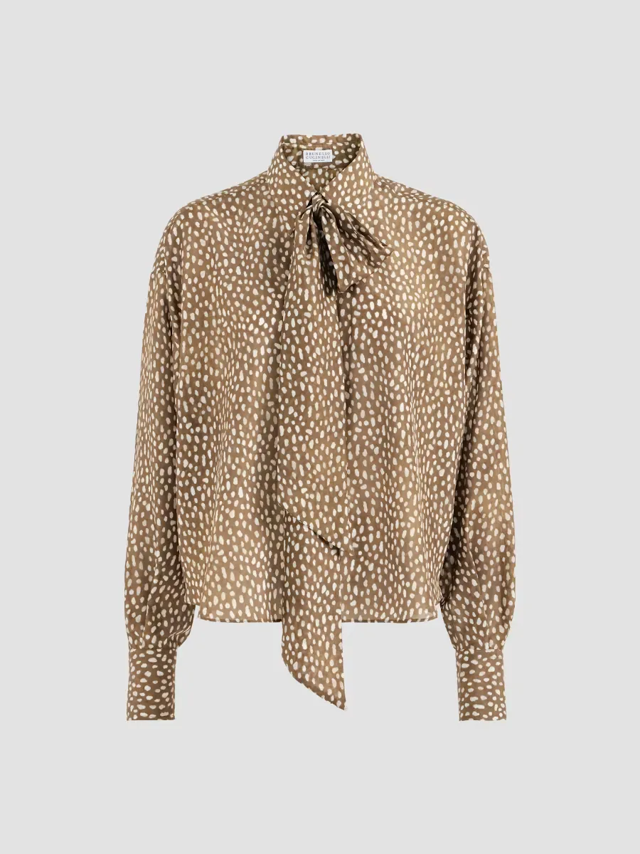 Silk Dapple Pongee Pussybow Blouse with Monili by Brunello Cucinelli