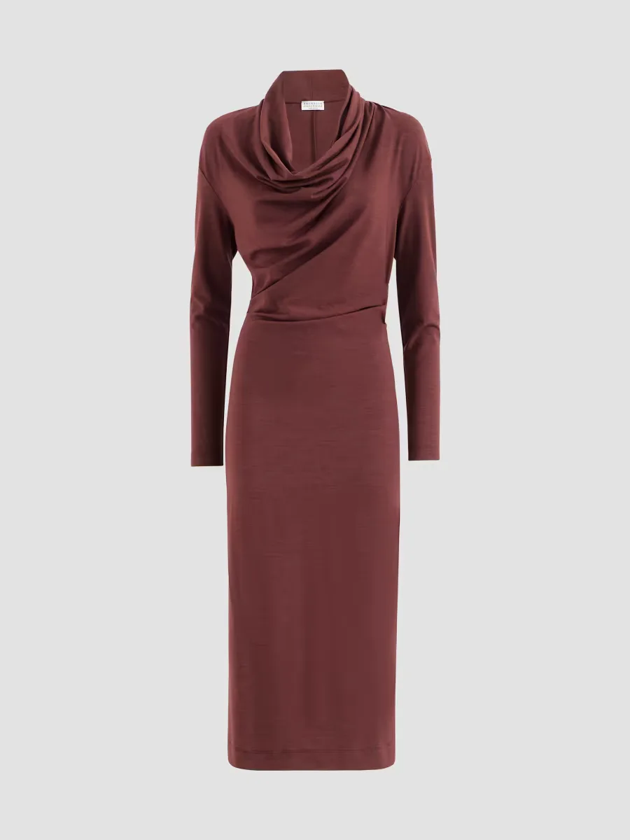 Techno Wool Jersey Dress with Draping and Monili by Brunello Cucinelli
