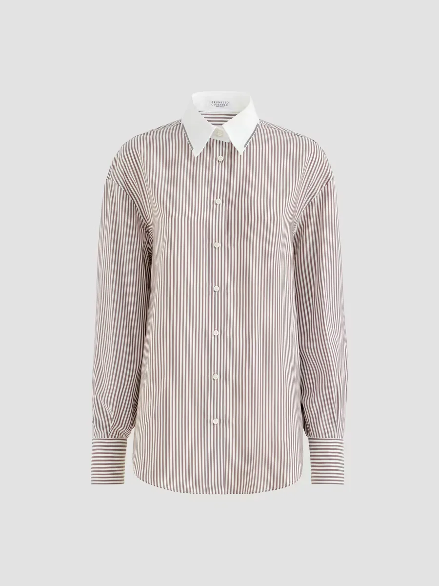 Striped Silk Poplin Shirt with Monili by Brunello Cucinelli
