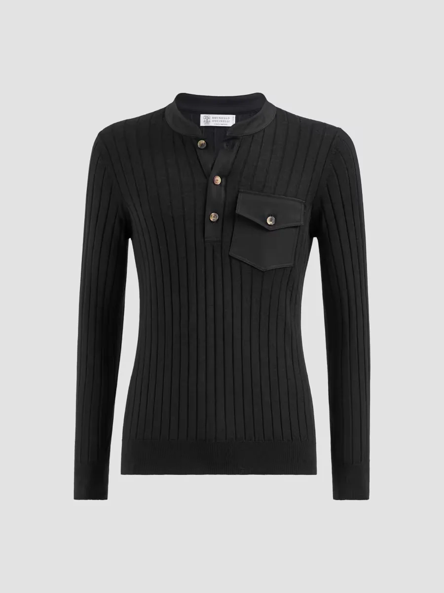 Cashmere and Silk Ribbed Sweater with Henley Collar by Brunello Cucinelli