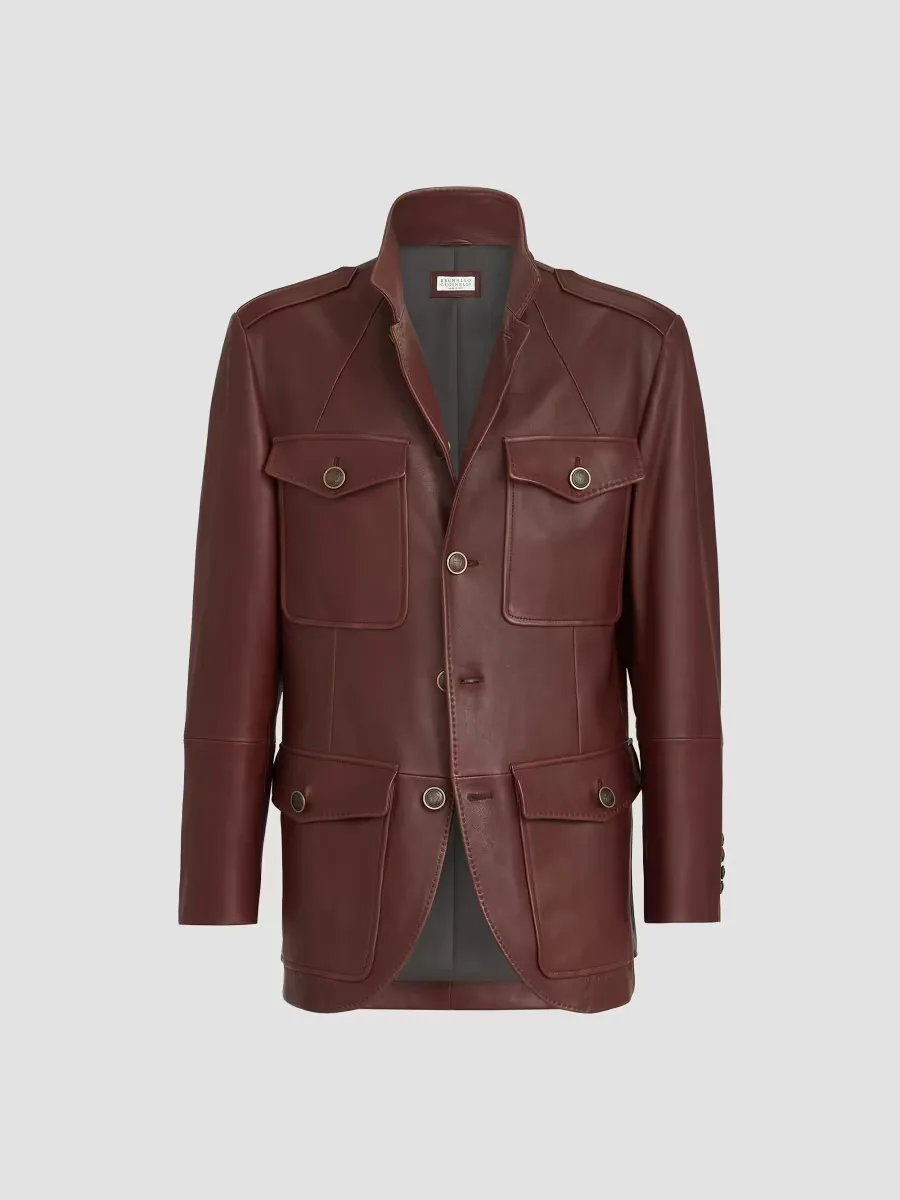 Polished Nappa Leather Utility Blazer Jacket by Brunello Cucinelli