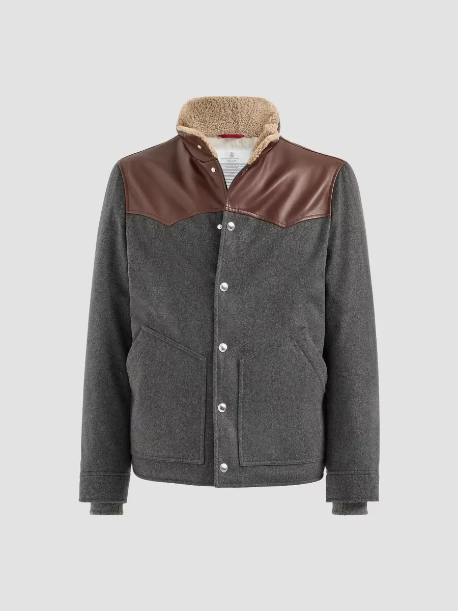 Bonded Wool Flannel Paneled Down Jacket with Shearling Collar by Brunello Cucinelli
